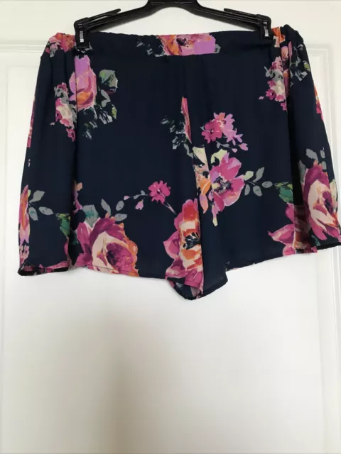 Everly Floral Navy Pink Elastic Waist Chiffon Shorts Size Small 2