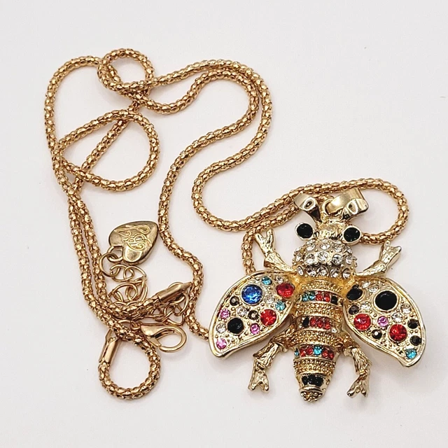 Betsey Johnson Multi Colored Crystal Gold Toned HONEY BEE Necklace 25 Inch