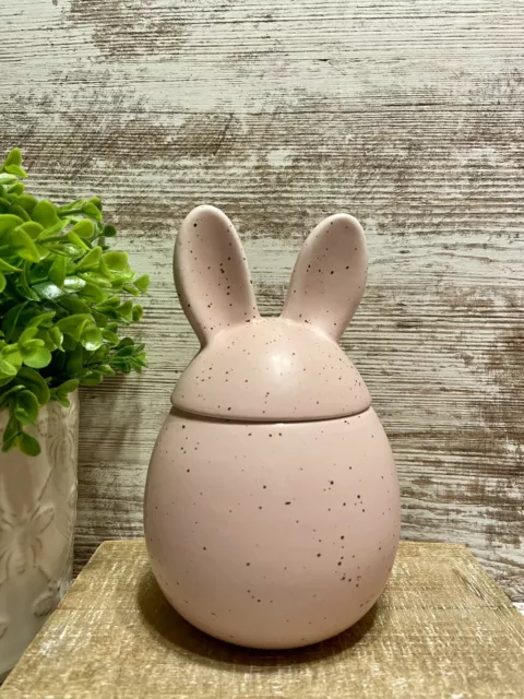 Ceramic Easter Bunny Ear Egg Speckled Pink Jar Container 6.50" NWOT