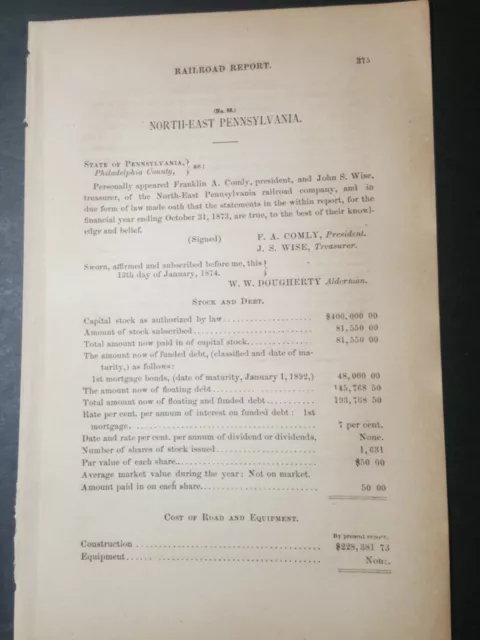 1874 train report NORTH EAST PENNSYLVANIA RAILROAD Abington Bonair Philadelphia