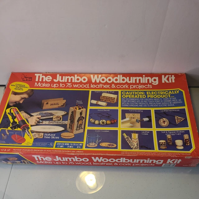 Kit de quema de madera jumbo vintage década de 1980 madera cuero corcho hierro quemado NSI No. 7770