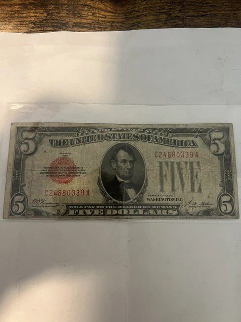 1928 $5 dollar red seal US money