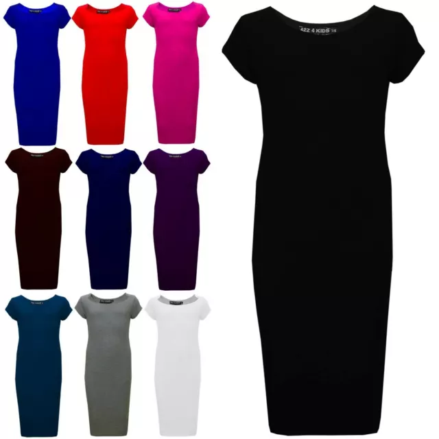 A2Z 4 Kids Girls Bodycon Plain Midi Dress Short Sleeve Dresses Party Costume