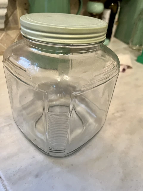 Vintage Cabinet Hoosier Glass Green Lid Ribbed Jar Canister 3