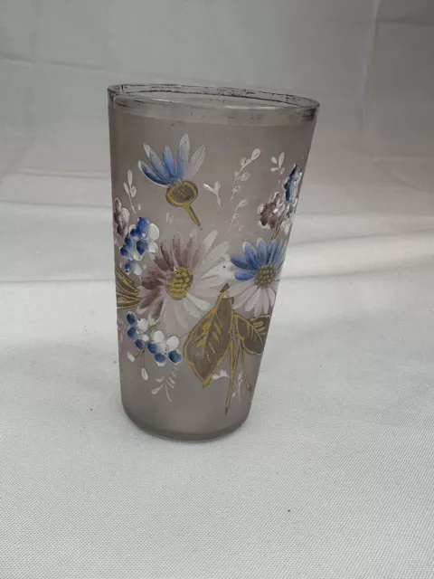 Antique Bohemian Hand Painted Victorian Floral Drinking Frosted Pink Glass