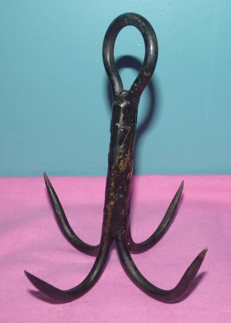 Antique Wrought Iron Blacksmith Forged 4 Tine Hanging Meat Game Grappling Hook