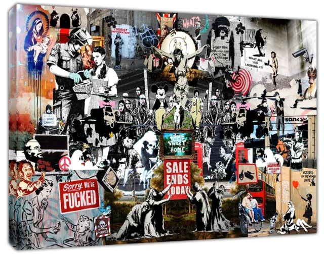Banksy Best collage prints  picture Print Framed Canvas Wall Art Decor