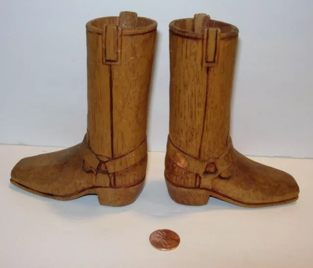 2 VINTAGE 1981 Carved Wooden COWBOY BIKER Shoe FRYE MOTORCYCLE Boot CANDLESTICK