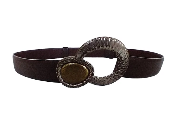 Chicos Belt Hammered Metal Buckle Silver Bronze Brown Leather M/L  Adj -#M1