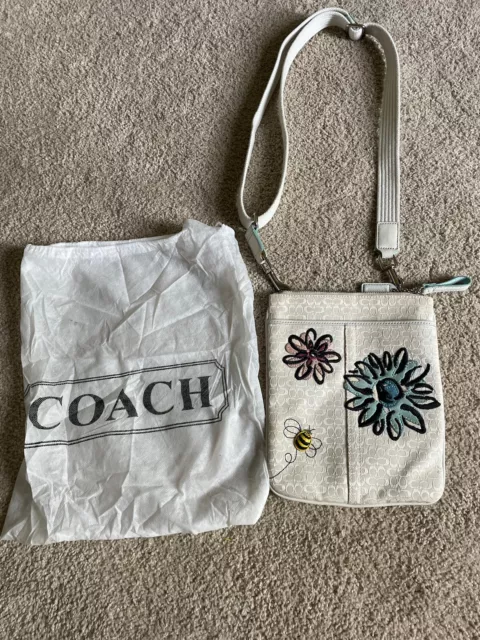 Coach Crossbody Signature Ivory Canvas Bee Flower Print Purse Bag