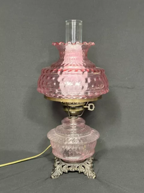 Vintage Pink Glass Hurricane Lamp Three Way Hobnail Electric Lamp
