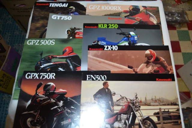 8 Genuine Kawasaki Promotional brochures GPZ1000RX GT750 KLR250 ZX10 GPX750R etc