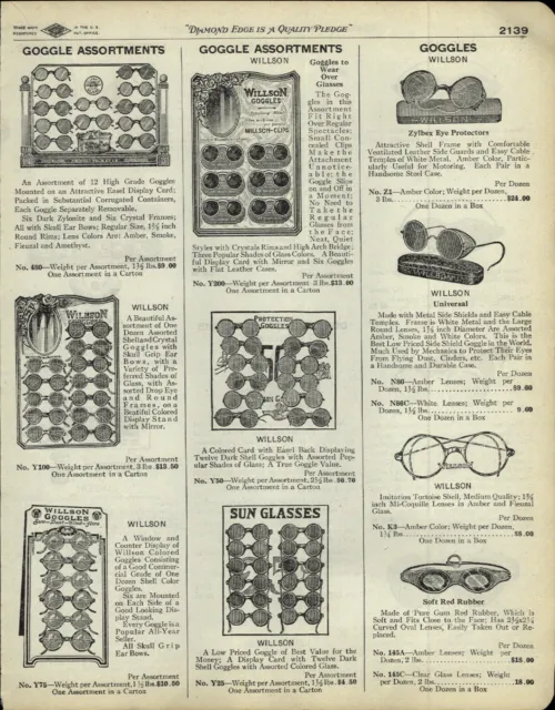 1929 PAPER AD Willson Car Auto Motorcycle Goggles Store Display Sunglasses