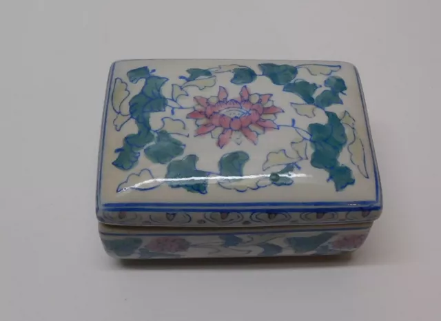 Pink Lotus Flower Trinket Box Jewelry Box Blue and White Green Leaves Vintage