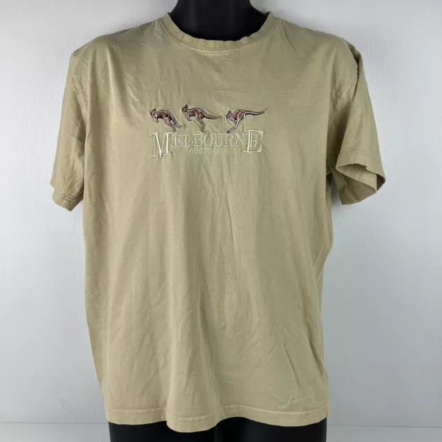 Vintage Australian Made Melbourne Australia Embroidered T-Shirt Mens L Tan 59/68