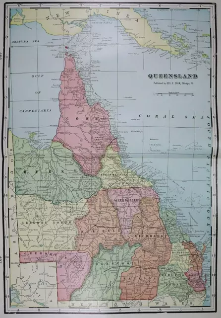 Old (Lg14x22) 1904 Cram's Atlas Map ~ QUEENSLAND, AUSTRALIA ~ Free S&H  ~Inv#331
