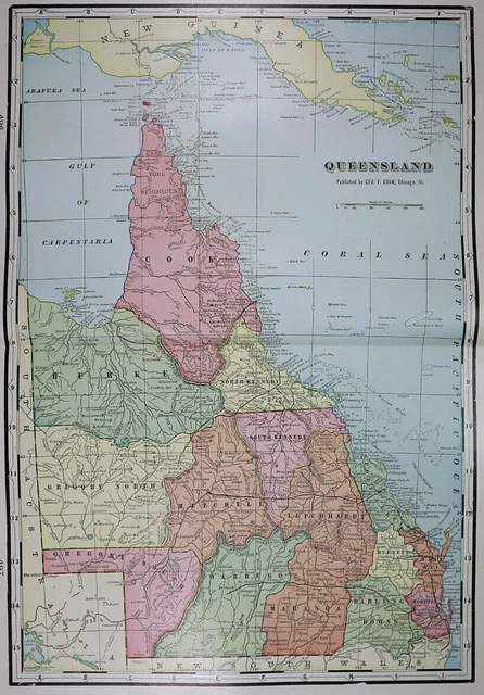 Old (Lg14x22) 1904 Cram's Atlas Map ~ QUEENSLAND, AUSTRALIA ~ Free S&H  ~Inv#331