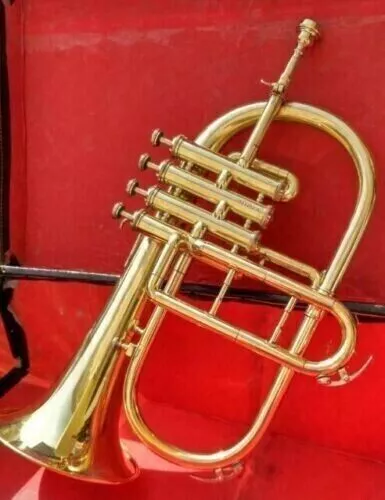New Flugel Horn 4 Valve Horn Brass Polish German Winged With Free Case 2
