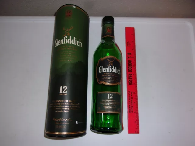 Empty Green Liquor Bottle & Tube: Glenfiddich Single Malt Scotch Whisky 12 year
