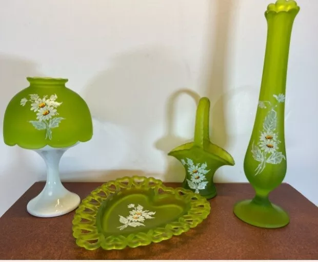 Westmoreland Satin Frosted Green Glass Lot 4 Pieces Hand painted