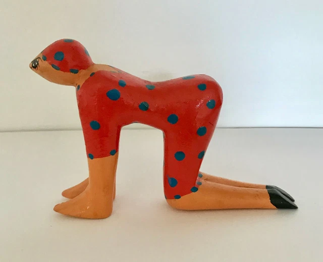 Yoga Cow Pose  sculpture hand carved wood, painted Haitian folk art sculpture