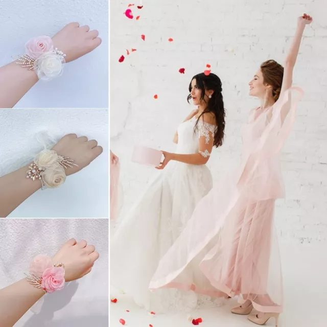 Tessuto Satinato Sposa Polso Fiore Mani Fiori Rosa Bracciale Damigella d'Onore