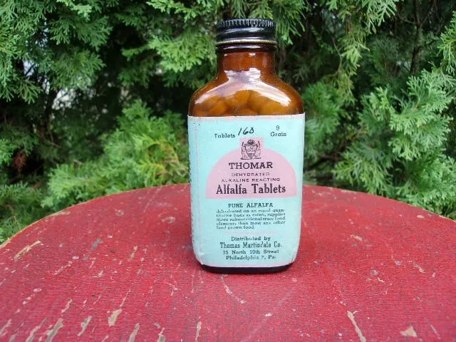 Vintage Thomar Alfalfa Tablets. Full Bottle. Apothecary Pharmacy Bottle. Unused.