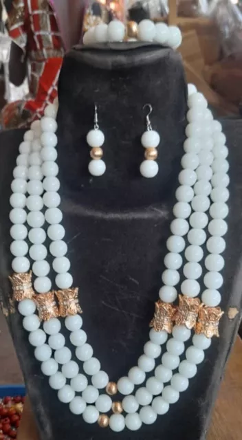 3 Layer Beautiful African Nigerian Beads Bridal Wedding Jewelry Necklace Set