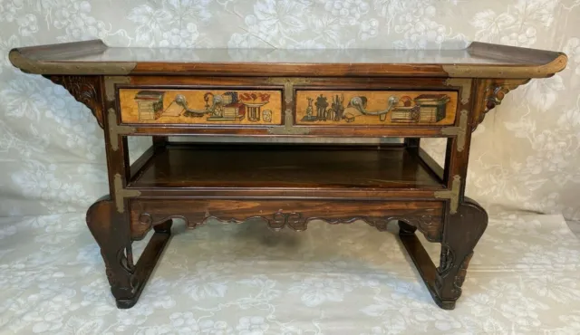Vtg Asian Inspired Diminutive Altar Table Design on Top and Drawer Fronts