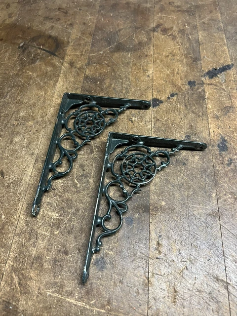 Old Antique Victorian Cast Iron Wall Shelf Brackets Ornate Eastlake Set Pair USA