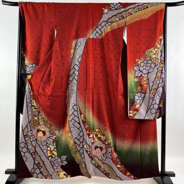 Japanese kimono SILK"FURISODE" long sleeves, Gold thread, SHIBORI dye,5' 4".3191