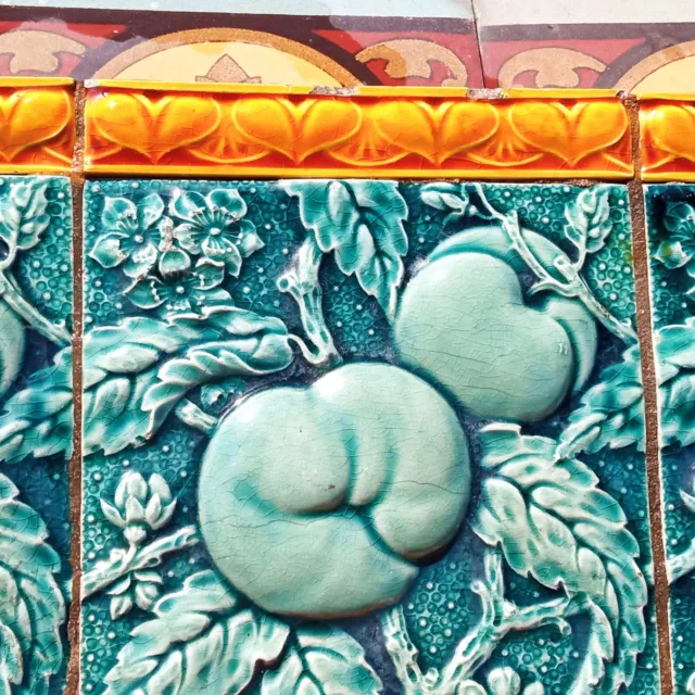 Reclaimed original period antique Art Nouveau tile fruits floral wall panel 4