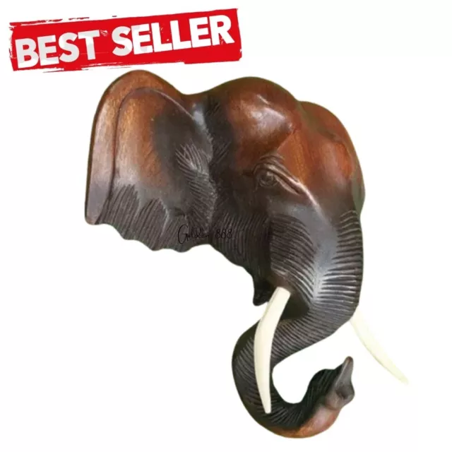 Wood Thai Elephant Head Black Home Decor Carved Wall Decoration Art Collectible