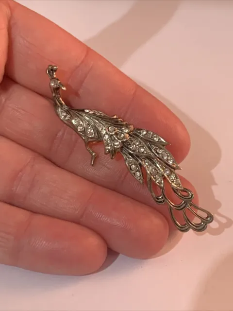 Vintage 800 Silver Clear Rhinestone Signed Peacock Bird Brooch Pin D9