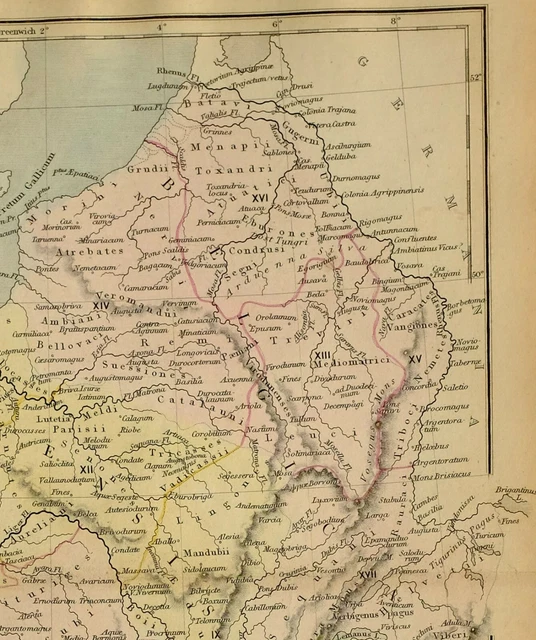 1851 COLOREADO A Mano Antiguo Mapa Gallia Aquitania Lugdunensis