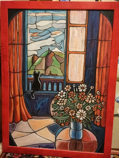 Bruno Carpi - Interno esterno con gatto - Olio su tela 50x70 + cornice