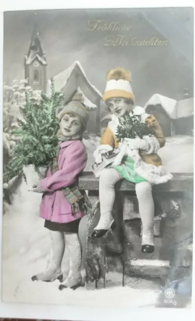 ANTIQUE CHRISTMAS GERMAN TINTED POST CARD SWEET LITTLE GIRLS WITH FLOWERS by NPG