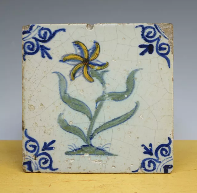 Antique Dutch Delft Maiolica Tile Flower Circa 1625