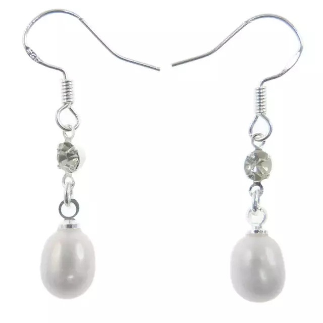 Boucles D'oreilles femme Argentée cristal blanc perle d'eau douce blanches ovale