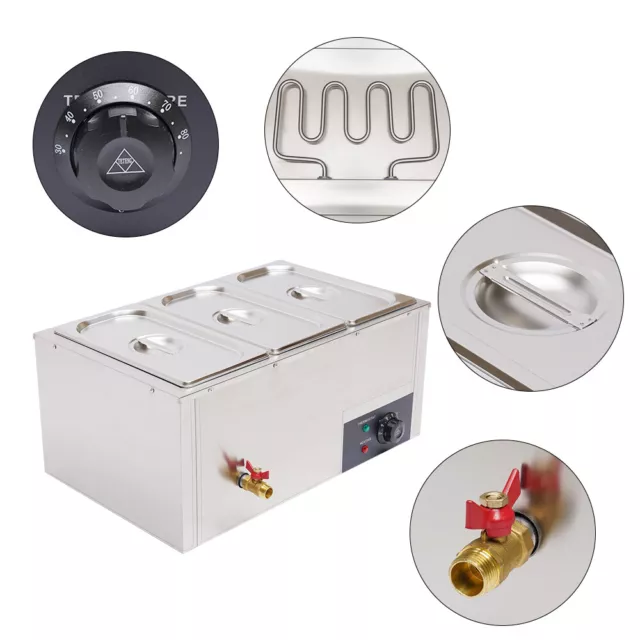 3x7L Water Bath Food Warmer Container Stainless Steel 850W 220V 57.5x38x27cm 2