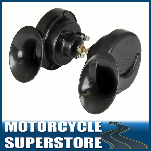 TWINZ 12V MOTORCYCLE MOTORBIKE SNAIL-STYLE PAIR TWIN HORNS 130db HOOTAZ BLACK