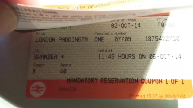 National Rail Single Tickets For Oct 6 2014 Maidstone-Paddington- Swansea Std 2