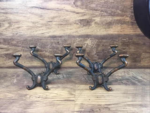ANTIQUE LARGE 7" CAST IRON DOUBLE COAT HAT HOOK Victorian Eastlake Set Of (4)