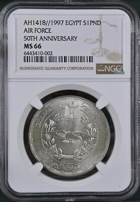 Egypt , 1 Pound Air Force 50Th Anni. 1997 Ngc Ms 66 - Top Pop  , Extremely Rarew