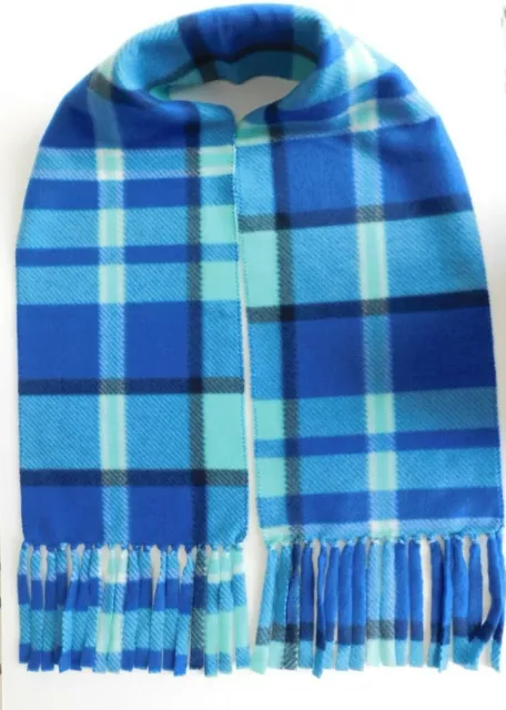 Blue Plaid Fleece Scarf with Fringe Edges Stitches Handmade Size 9" x 60" NEW