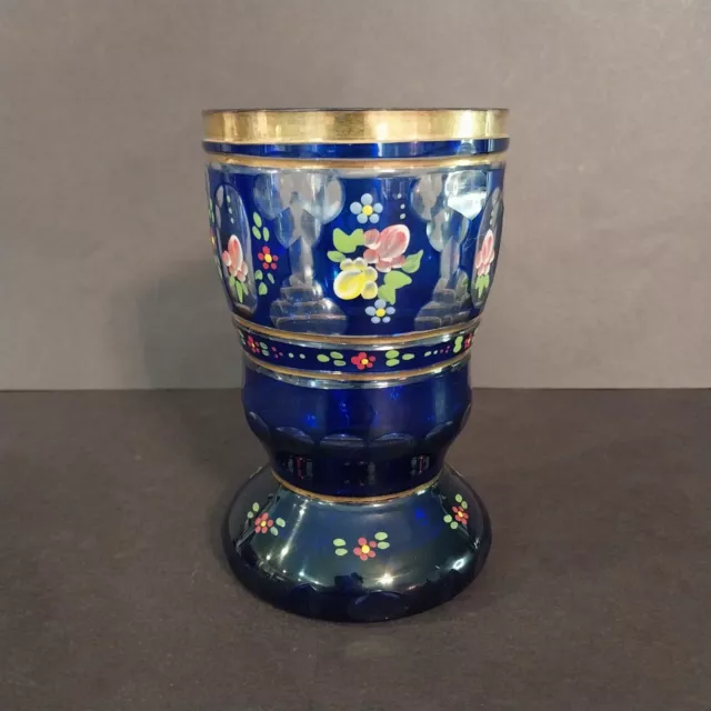 Bohemian Czech Cut To Clear Cobalt Blue Glass Vase Gold Trim Hand Painted