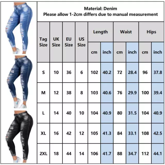 Plus Size Womens Ripped Denim Pants Jeans Ladies Stretchy Fit Skinny Leggings UK 2