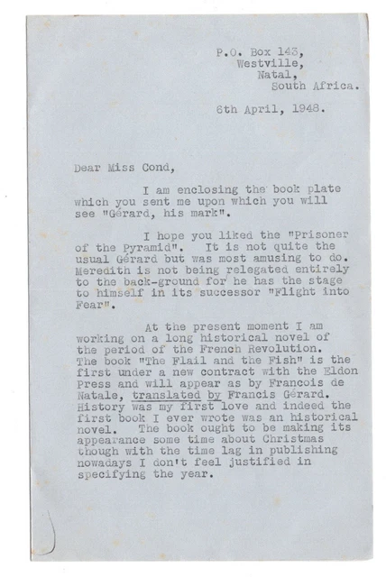 Francis Gerard Signed Letter 1948 / Autographed Crime/Thriller Author