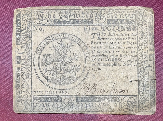 1776 Colonial Currency 5 Five Dollars Philadelphia Pennsylvania Circulated 62873