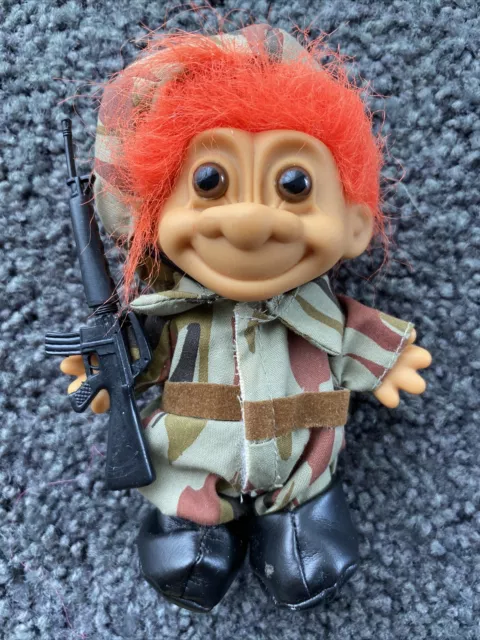 Vintage Russ Troll In Camouflage Army Clothes With Gun 5 Inch